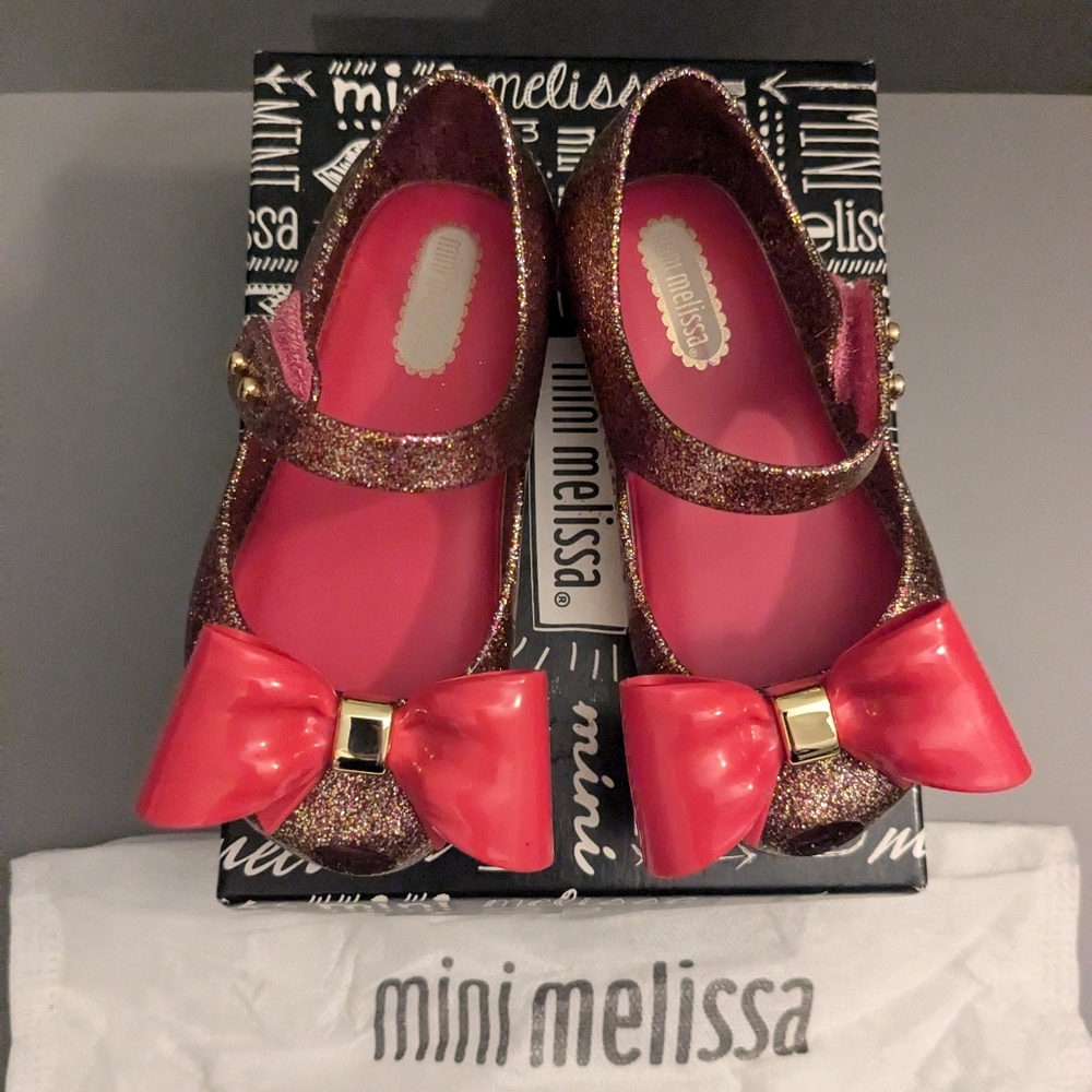 New Mini Melissa Shoes Pink and Gold Glitter w/ Pink and Gold Bow Size 7